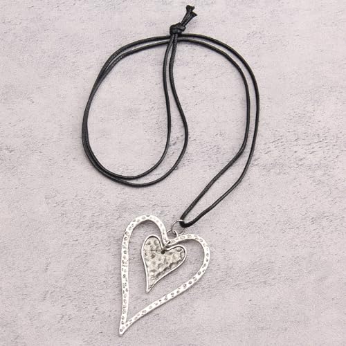 PU Leather Necklace Vintage Boho Style Multilayer Pendant Long Sweater Necklace Jewelry for Women Men with Adjustable Leather Cord - color: Antique Silver Double Heart Necklace