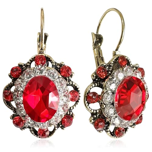 Handmade Bohemian Vintage Gold Sparkly Crystal Round Flower Leverback Earrings Cute Rhinestone Geometry Dangle Drop Earring for Women - color: Red