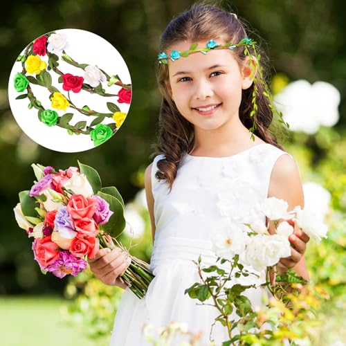 30 Pcs Assorted Colored Flower Crown Bohemian Floral Garland Headbands Multicolor Headband Garland Wreath Green Leaves Decor for Women Wedding Birthday Fairy Party Favor Supplies