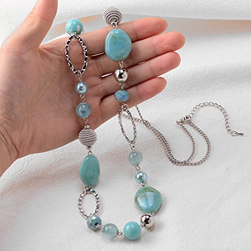 BULINLIN Beaded Long Necklace for Women Silver Sweater Chain Necklace with Crystal Resin Beads, Fashion Jewelry Necklace - color: Turquoise