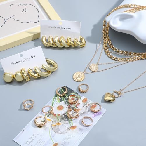 NEWITIN 44 Pieces Chunky Gold Jewelry Set for Women Fashion Costume Jewelry Gold Plated Chunky Necklace Chain Bracelet Ring Hoop Earrings Set for Women - color: Gold A