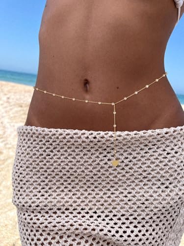 MFRYK 2PCS 14K Gold Plated Waist Chain Layered Pearl Cuban Beaded Satellite Figaro Belly Body Chain Boho Beach Waist Chains For Women Adjustable Waterproof Sexy Bikini Body Chain Jewelry For Women - style: Pearl Heart-Gold
