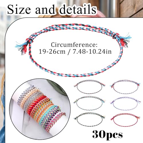 30Pcs Woven Wrap Friendship Bracelets, Handmade Boho Braided Friendship Bracelet Colorful Adjustable String Bracelets for Women Matching Accessory