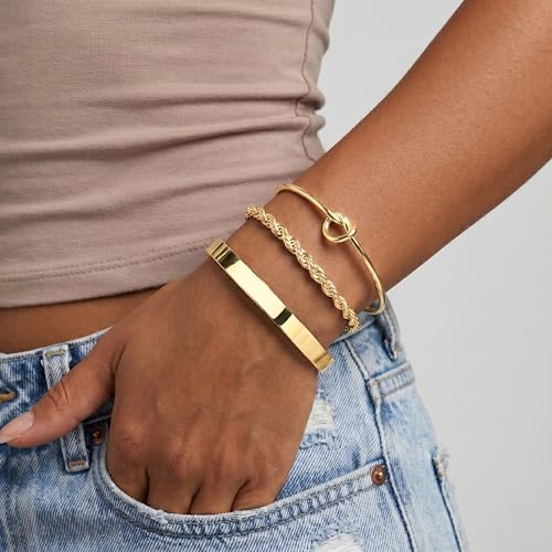 925 Sterling Silver Bracelets for Women Stack, Trendy Tennis Bangle Cuff Jewelry Set 14K Gold Plated, Adjustable Bracelet Set for Wrist Essentials, Women Fashion Watch Band Acecessories - style: Bracelet_3pcs(Gold Bangle Set)