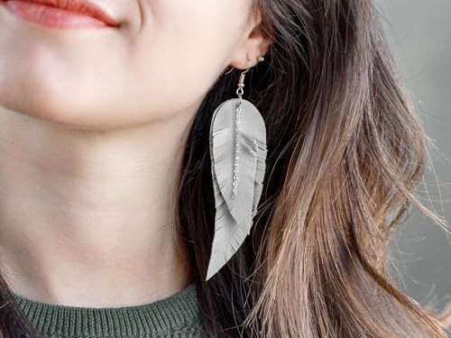 Black shiny Leather Feather Earrings for Women, Lightweight Minimal Boho Dangle Earrings, Small Simple Everyday Jewelry - color: light grey