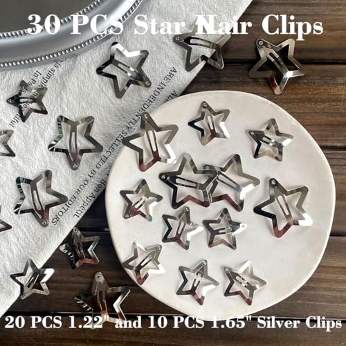 30 PCS Star Hair Clips,20PCS 1.22"Clip and 10 PCS 1.65"Clips Snap Star Hair Accessories Non Slip Clips for Girls Women Y2K Accessories - color: 1.22" 1.65"Silver (30PCS)