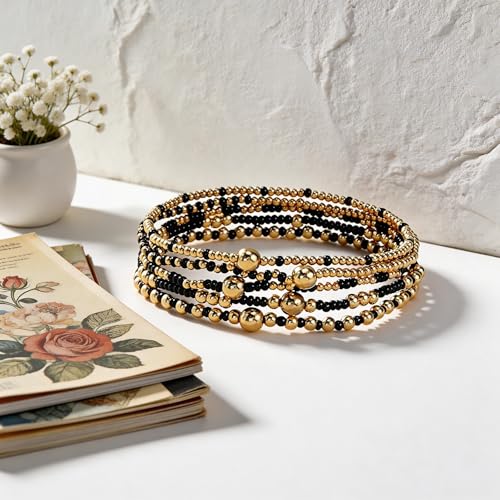 Dainty Gold Beaded Stack Bracelets for Women, Boho Bohemian Black Stackable Stretch Bead, Handmade Colorful Seed Beads Layering Jewelry