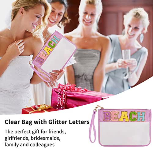 Iqimott Monogram Clear Letter Beach Bag Flat Pouch, Chenille Glitter Letter Patch Makeup Cosmetic Bag Zipper Toiletry Pouch, Portable Travel Beach Snack Wristlet Bags for Women Girls(Beach, Purple) - color: Beach-Purple