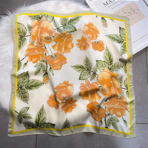 Stlvoll 27.5" Silk Neck Scarf of Women's Fashion Head Scarf Square Neck Satin Scarfs for Bag Hair Scarves Gift - color: Flower/Orange