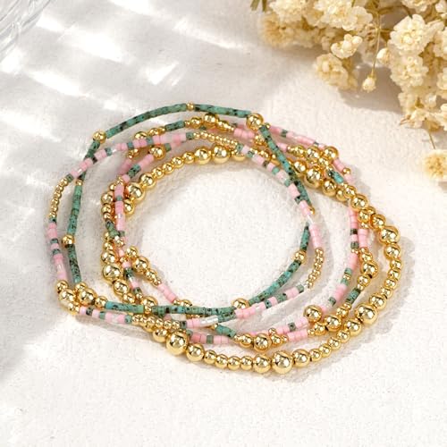 14K Gold Beaded Ball Stackable Bracelets for Women,Bohemian Stretch Colorful Seed Beads Bracelet Stack Fashion Holiday Jewelry Gift Friendship - color: Turquoise