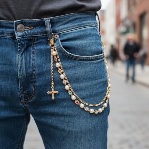 Hip Hop Waist Belt Chain Pearl Rhinestones Cross Double Layer Pants Chain Punk Rock Gold Chains for Pants Jeans Concerts Festivals Daily Outfits keychain Wallet Bag Jewelry Men Women