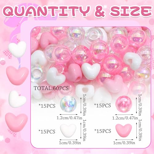 60PCS Pink Hair Beads Cute Heart Braids Beads AB Color Round Bead for Hair Dreadlock Jewelry Pony Bead Valentine's Day Loc Accessories for Kids Girls - color: Pink&White