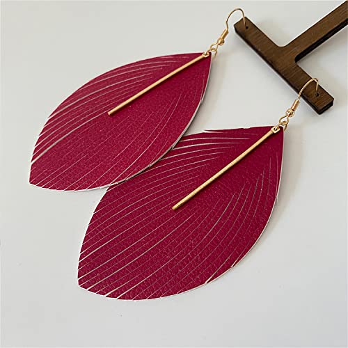 Minimalist Handmade Lightweight Large Soft Faux Leather Fringe Feather Dangle Drop Earrings Bohemian Huge Leaf Hook Earrings with Bar for Women - color: Rose red