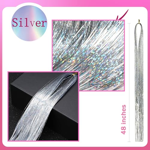 NIACONN Glitter Hair Tinsel Extensions Kit Silver with Tools and Beads, 48 Inch Sparkly Fairy Colorful Tensile Strands Shiny Hair Accessories for Women Girls Kids - color: Silver