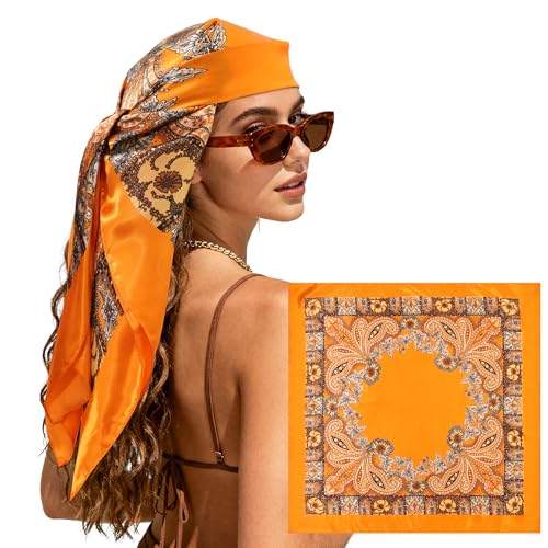 Large Square Head Scarf Bandana - 35" Satin Hair Scarf for Women Like Silk Scarf Fashion Hair Wrapping - color: Paisley(orange), size: 35IN*35IN