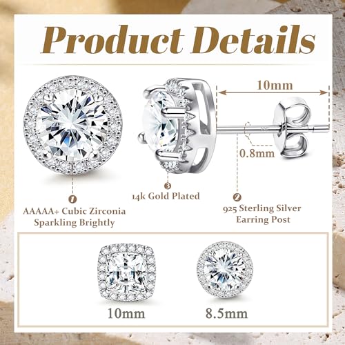 18K Gold Plated Halo Stud Earrings 925 Sterling Silver Cubic Zirconia Stud Earrings Round Square Diamonique Stud Earrings Set for Women Men - color: Silver
