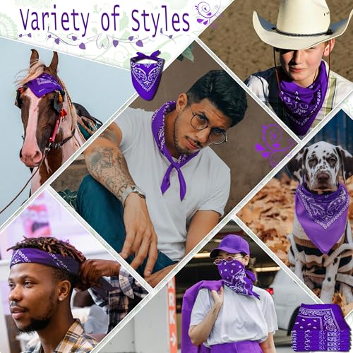 ILHSTY 60 Pcs Women Men Paisley Bandanas Bulk Unisex Bandanas Head Cowboy Scarf Necktie handkerchief Party Supplies - color: Purple