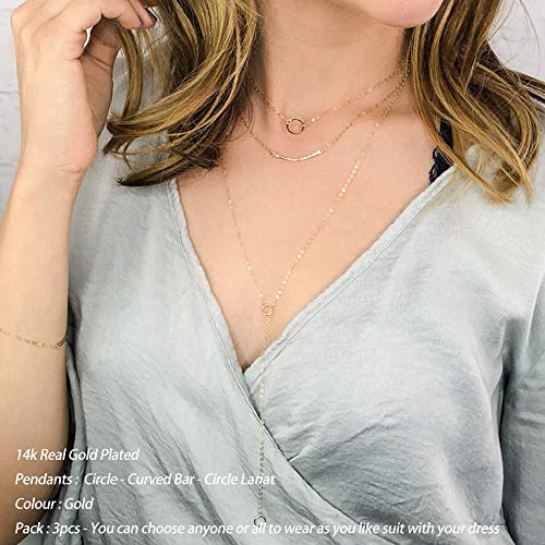 Turandoss Gold Layered Necklaces for Women - 14K Gold Plated Handmade Multilayer Bar Pearls Coin Disc Moon Butterfly Medallion Adjustable Dainty Layered Choker Necklaces for Women Jewelry - style: 3 Layered Necklace - Circle&Curved Bar&Circle Lariat