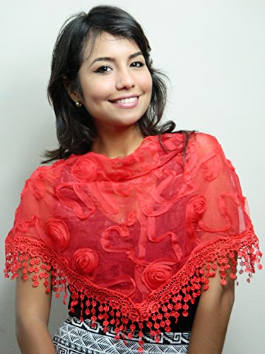 Cindy & Wendy Floral Embroidered Lace Triangle Scarf for Women - color: Red