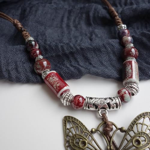 Boho Style Colorful Ceramic Bead Strand Necklace Adjustable Bohemian Jewelry Gift for Women, Fashion Clothing Matching Necklace - color: Maroon