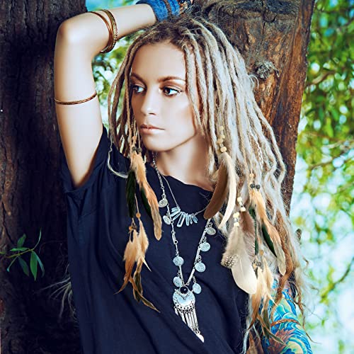 Bencailor 8 Pcs Feather Hair Clips Hippie Handmade Boho Hair Extensions with Feather Clip Comb Braided Beads Headdress Hippie Headpiece DIY Pirate Accessories for Women (Fresh Style)