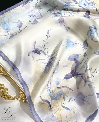 Hioyiwse Head Scarf For Women Hair Bandana 35" Large Square Satin Wrap Sleeping Neck Silk Satin Hair Scarves Lightweight - color: F33-purple Flowers（35*35inch）