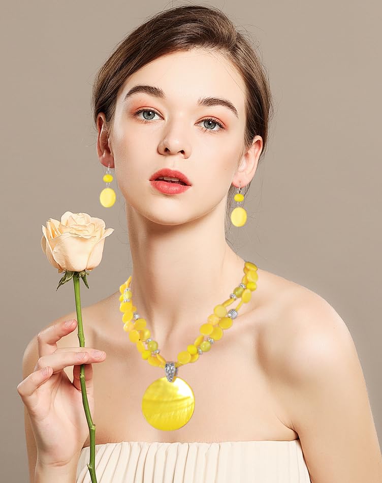 Layered Beads Statement Fashion Necklace Chunky Jewelry Set Big Colorful Glass Stone Circle Shell Pendant Choker Necklace and Earring Set for Women - color: black