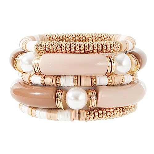 GOOJIDS Simple Beaded Gold Plated Bangles Bracelet Chunky Bamboo Tube Curved Stacking Clear Acrylic Colorful Beads Stretchable Gold Plated Bracelets Set For Women - color: A-A2 Grey Set