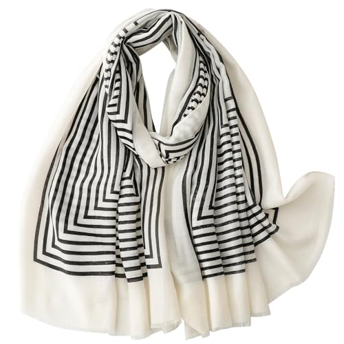 WaJuemy Travel Boho Scarf for Women Casual Lightweight Pashmina Scarves Fashion Multicolor Shawl Wraps with Fringed Beads - color: 35 Black Stripe