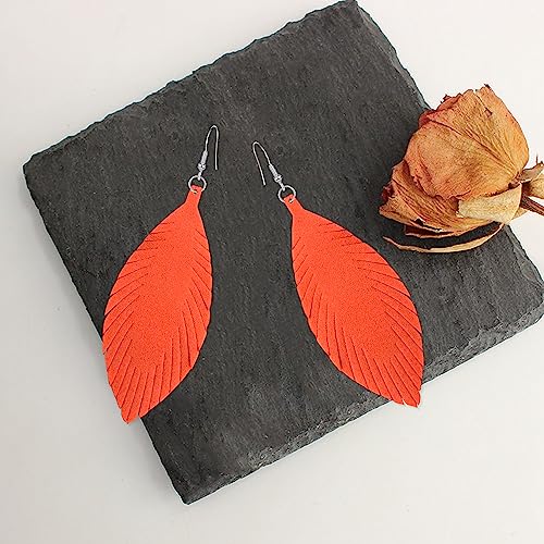 Large Genuine Soft leaf Leather Handmade Fringe Tassel Feather Lightweight Tear Drop Dangle Color Earrings for Women - color: Orange