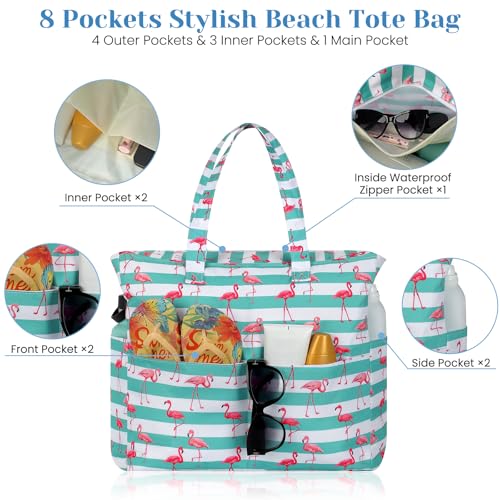 Trifabricy Beach Bags for Women Waterproof Sandproof Women Tote Bag, Large Beach Bag with Zipper for Gym Travel Vocation - color: Green Flamingo