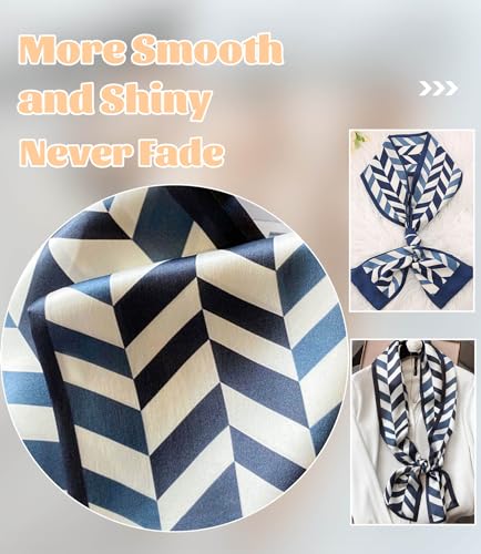 kcctoo 59” Long Silk Like Head Scarf Women's Fashion Square Neck Satin Scarfs for Bag Hair Scarves Gift 59 * 5.9” - color: Y4 Serrated Dark Blue 59" X 5.9"