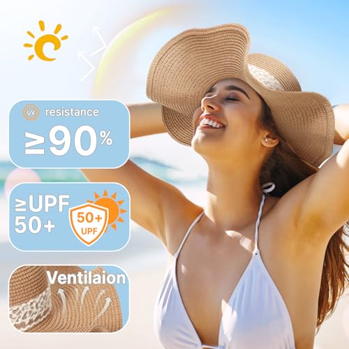 Beach Hats for Women, Sun Straw Hat for Women, UPF 50+ UV Sun Protection Sun Hat Womens, Foldable Floppy Sun Hat - color: W-khaki