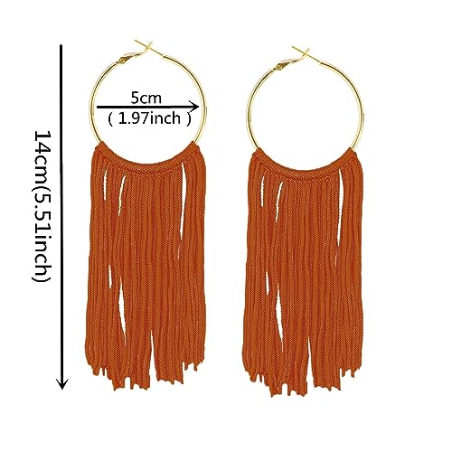 Boho Long Tassel Dangle Earrings for Women Lightweight Circle Hoop Silky Thread Fringe Drop Statemen Earrings - color: orange brown