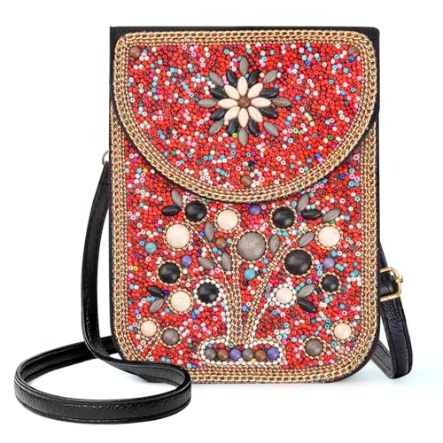 Small Beaded Crossbody Bag for Women, Boho Cell Phone Shoulder Purse Wallet with Handcrafted Colorful Beads - color: Tree-5