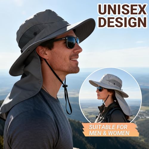 PFFY Sun Bucket Hats for Men Women Fishing Hat UV Protection Wide Brim Beach Safari Hat with Neck Flap - color: Grey (With Neck Flap)