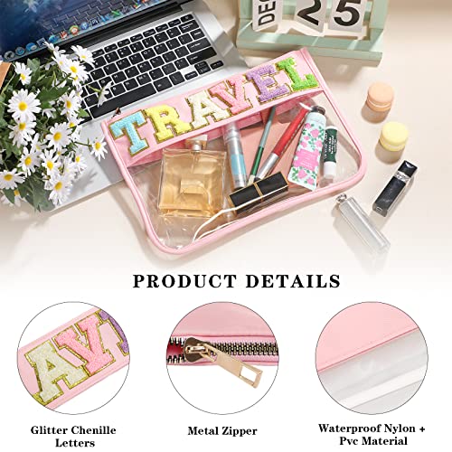 DYSHAYEN Chenille Letter Clear Zipper Pouch for Travel,Nylon Clear Cosmetic Bag,Makeup Travel Bag for Women Girls 11.8 Inches x 8.2 Inches - color: Pink-Travel