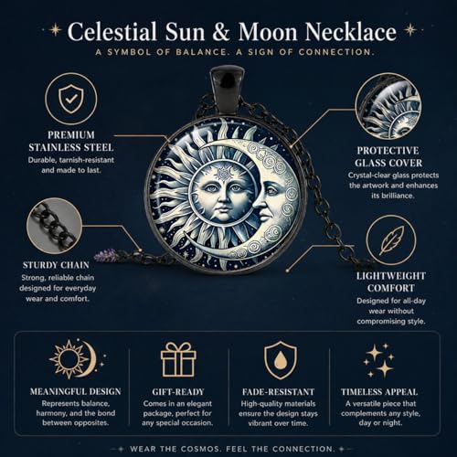 1pc Stunning Round Pendant Necklace - Unique Sun & Moon Pattern, Oil Painting Style Glass Mosaic, Alloy Construction, Trendy Sweater Chain, Fashionable Gift for Women - Christmas or Birthday Gift - color: Blue Sun/Moon