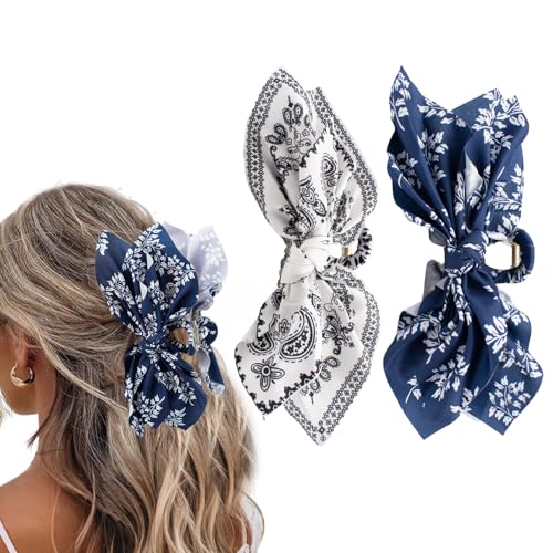 Bow Claw Hair Clips 2PCS Paisley Big Hair Bows for Women Butterfly Styling Large Hair Clips for Thick Hair for Girls Hair Accessories for Teens Gifts for Ladies - color: 2PC-White Paisley+-Blue Floral