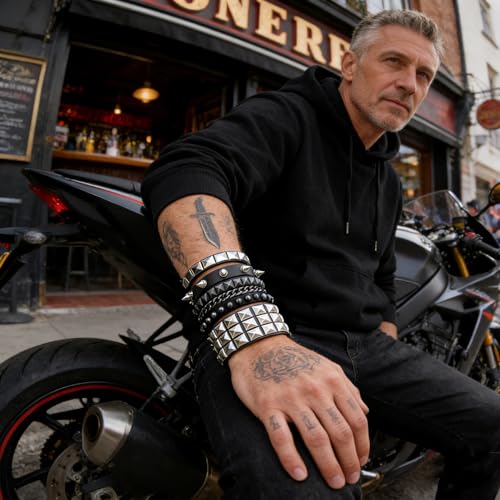 Handmade Black Leather Wrap Studded Bracelets for Women Men, 4Pcs Vintage Punk Wrist Cuff Bangle Wristband Emo Jewelry Gifts - style: Square Stud Style