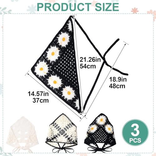 3 Pcs Daisy Crochet Bandana, Cute Bandanas for Women, Flowers Crochet Head Scarf, Floral Head Scarf for Women's Hair Styling Decor (3 Styles) - color: Beige,black,white-style3