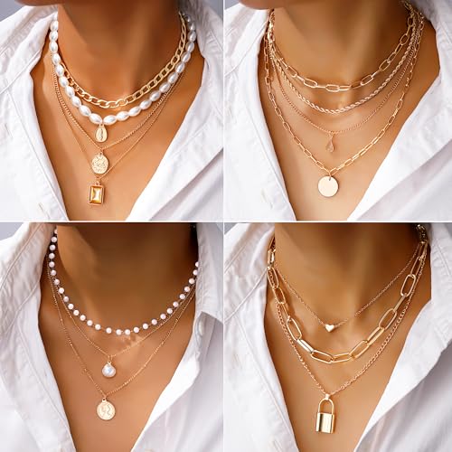 FAXHION 68 Pcs Gold Jewelry Set for Women with 7 Necklace, 17 Bracelet, 5 Hoop Earrings, 15 Stud Earrings, 24 Knuckle Rings for Women Jewelry Set for Women Gift - color: gold hoops set