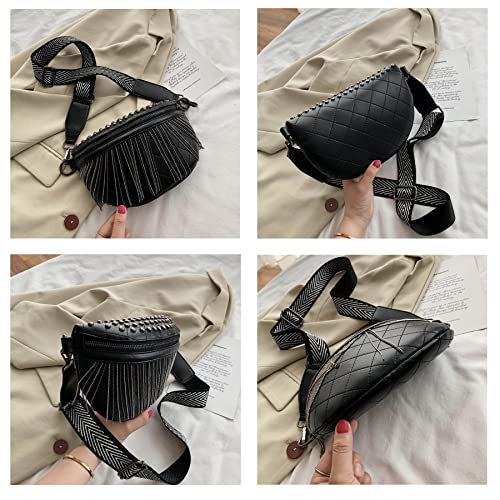 GLT.ETL Fanny pack Chest Bag For women Faux leather Fringe Quilted Waist Bum Cross body Bags Rivet studded Tassel Purses (Black) - color: Black