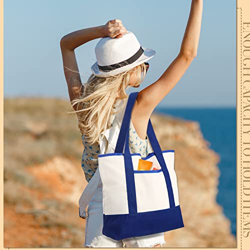 Reginary 16 Pcs Canvas Tote Bags Bulk with Outer Pocket 18 Inch Reusable Shopping Grocery Blank Tote Bag for Women Mother DIY (Blue White) - color: Blue White