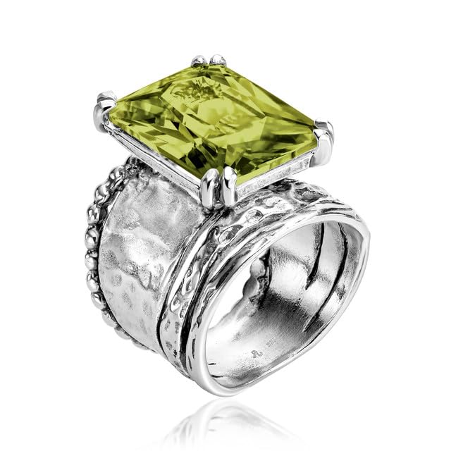 JEAN RACHEL JEWELRY 925 Sterling Silver Ring - Hammered Vintage Design with Octagon Shaped Cubic Zirconia - Hypoallergenic, Lead & Nickel Free - Artisan Handcrafted Statement Rings for Women - color: Peridot CZ
