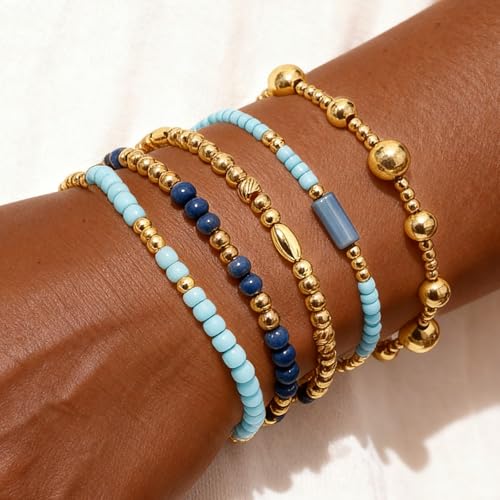 Gold Beaded Bracelets for Women: 14K Gold Bracelets for Women Trendy Dainty Gold Ball Bracelet Stack for Womens - Boho Stretch Bracelets Jewelry Sets with Cross Fashion Accessories Gifts for Women - style: Pearl