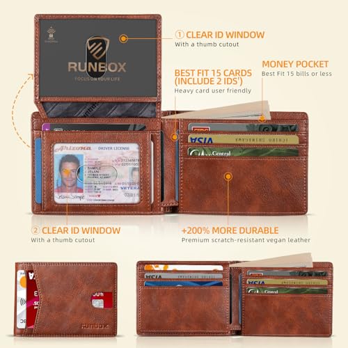 RUNBOX Wallet for Men -Slim Rfid Leather Mens Bifold Novelty Wallets 2 ID Window With Gift Box Men's Accessories | Slim - color: RETRO RED BROWN