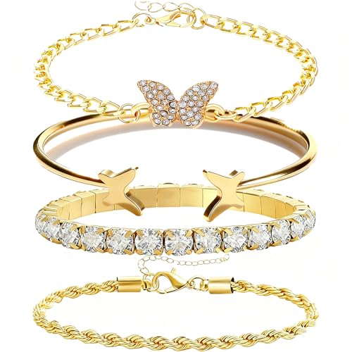 Alegend Titanium Steel (Not Rust, Resist Corruption, Easily Clean) 18K Gold Plated Single Bracelets + 14K Gold Plated Stackable Multilayer Bracelets - style: 14KGold + 4PCS A