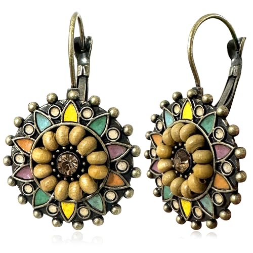 Bohemian Vintage Sliver Geometry Enamel Flower Lightweight Dangle Hoop Earrings Ethnic Handmade Circle Disc Teardrop Earrings For Women - color: Yellow