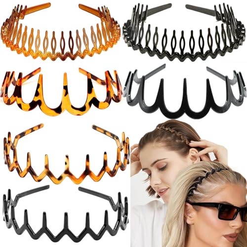 6 PCS Zig Zag Headbands Plastic Wavy Hair Head Band Comb with Teeth Hoop Accessories for Women Men Girls, Versatile Bright Black&Retro Leopard - color: Versatile Bright Black&Retro Leopard